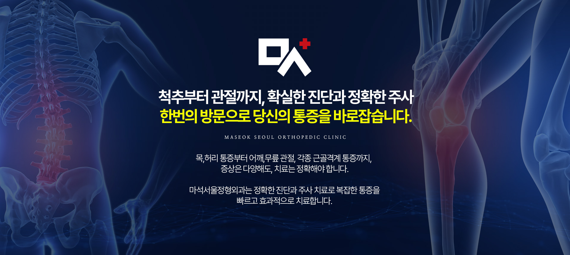 척추부터 관절까지, 확실한 진단과 정확한 주사 한번의 방문으로 당신의 통증을 바로잡습니다.
